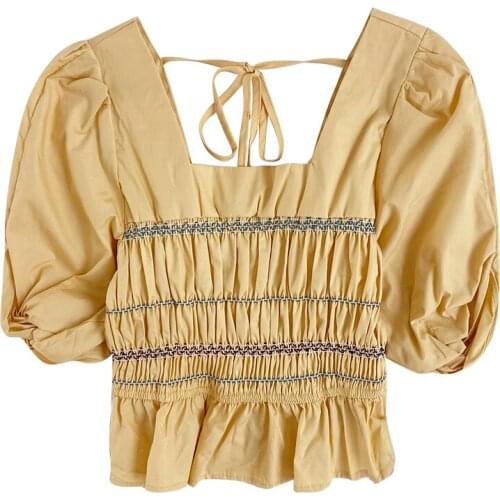 Pleated contrast color line design retro puff sleeve square neck tie slim short shirt