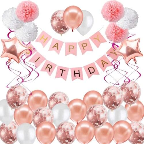 Rose Gold Balloons Party Decoration with Banner Paper Pompoms Hanging Swirls 13th 16th 21st Girl Women Birthday Party Supplies