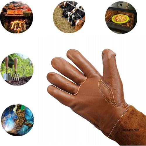 Gardening Gloves for Women and Men Thron Proof Rose Pruning Cow Leather Gloves with Long Forearm Protection Gauntlet