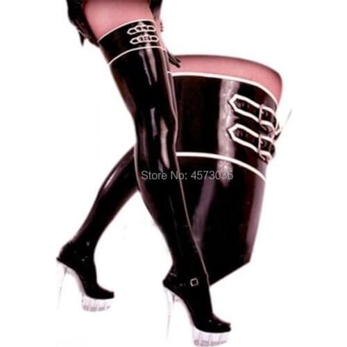 Sexy lingerie slim exotic handmade latex cekc zentai tight black spliced white line with buckles long stockings socks customize