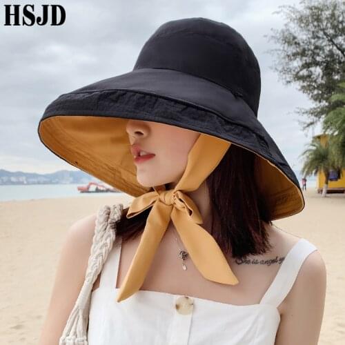 New Bandage Bow Double-Sided Summer Sun Hats For Women Solid Color Large Wide Brim Foldable Anti-UV Beach Hat Female Caps Bonnet