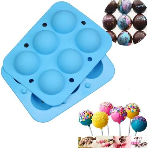 3D 6 Hole Silicone Cake Mold Ball Shaped Lollipop Chocolate Candy Moulds Cake Baking Ice Tray With 6Pcs Sticks