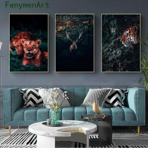 Modern Animals Canvas Painting Forest Tiger Leopard Elephant Deer Poster Print Nordic Wall Art Landscape Picture Room Home Decor