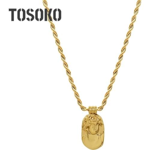 TOSOKO Stainless Steel Jewelry Oval Brand Portrait Pendant Necklace Medium Length Necklace Womens Sweater Chain BSP1055