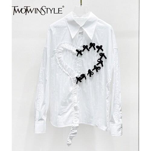 TWOTWINSTYLE White Casual Patchwork Bowknot Womens Shirt Lapel Long Sleeve Korean Fashion Woman Blouses 2021 Autumn Clothes New