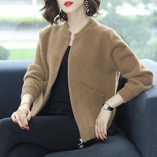 Imitation Mink Velvet Jacket Women Spring Moms Casual O-Neck Zipper Sweater Cardigan Basic Solid Color Knitted Outerwear Female