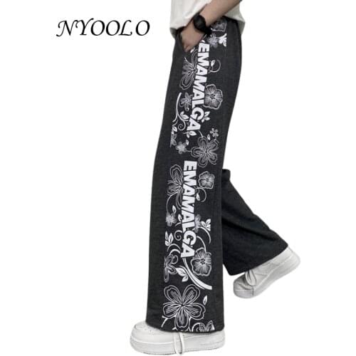 NYOOLO Vintage Streetwear Flower Letters Print Patchwork Elastic Waist Straight Jogger Pants Women Men Harajuku Hip Hop Trousers