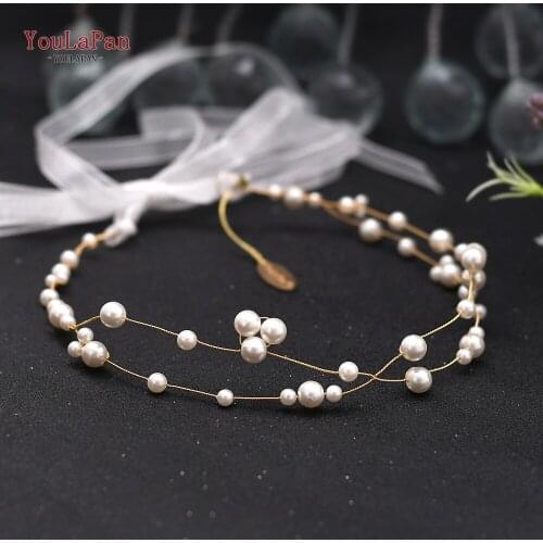 YouLaPan HP36 Bridal Headpiece Gold Ribbon Hair Accessories for Wedding Hair Headbands for Women Tiara Pearl Bridal Hair Jewelry
