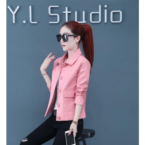 2021 New Women Faux Leather Jacket Pu Motorcycle Biker Coat Turndown Collar Streetwear Black Punk Girl Pink Short Outerwear 27