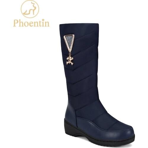 Phoentin Blue women boots mid-calf down boots 2019 new winter platform shoes woman metal decoration flat heels black FT793
