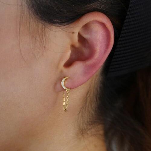 Real 100% 925 Sterling Silver Rainbow Moon Star Stud Earrings for Women Crystal Zircon Chain Earring Gold Silver Ear Jewelry