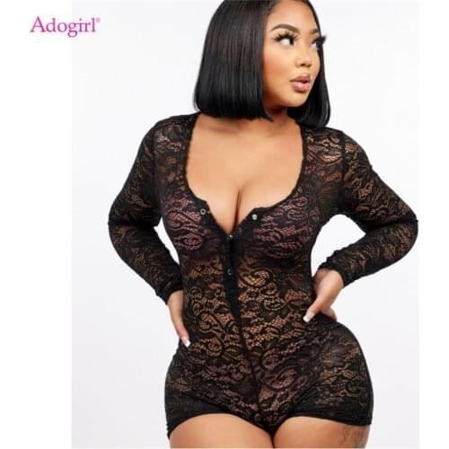 Adogirl Women Sexy See Through Lace Shorts Jumpsuit Button Up V Neck Long Sleeve Lingerie Romper Nightclub Playsuit Sleepwear