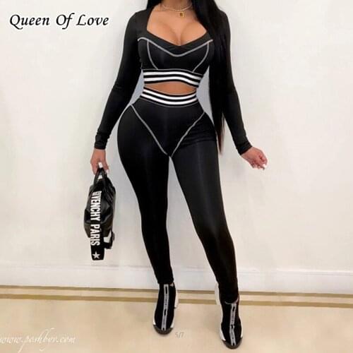 2020 Fall Two Piece Women Long Sleeve Crop Top And Pants Outfits Skinny Streetwear Tracksuit Striped Leggings Set