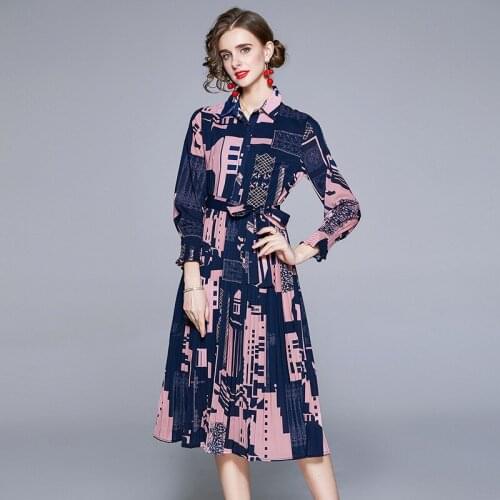 Runway Fashion Spring Summer Women Party Dress Designer Vintage Elegant Long Sleeve Flower Print Pleats Midi Shirt Dress Belt