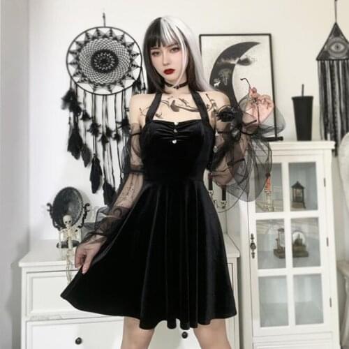 Gothic Vintage Sexy Halt Neck Black Dress Goth Mesh Spliced Long Sleeve Mini Dresses Women Harajuku High Waist Party Dress 2021