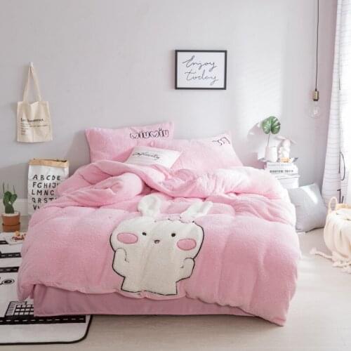 4Pcs pink rabbit baby velvet bedding set queen twin bed set applique duvet cover bed sheet set pillowcase for girls bed set