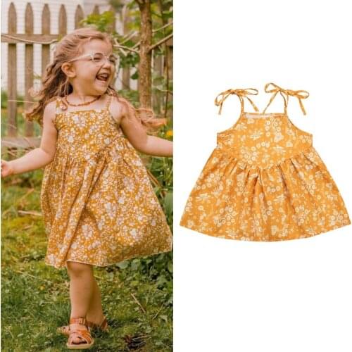 Citgeett 0-6Y Summer Lovely Kids Baby Girls Dress Flowers Printed Strapless Sleeveless Belt A-Line Sundress Yellow Clothes
