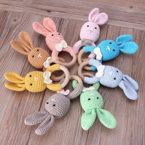 BPA Free Crochet Wooden Ring Baby Teether Safe Cute Animal Rattle Chewing Teething Nursing Soother Molar Infant Toy Accessories