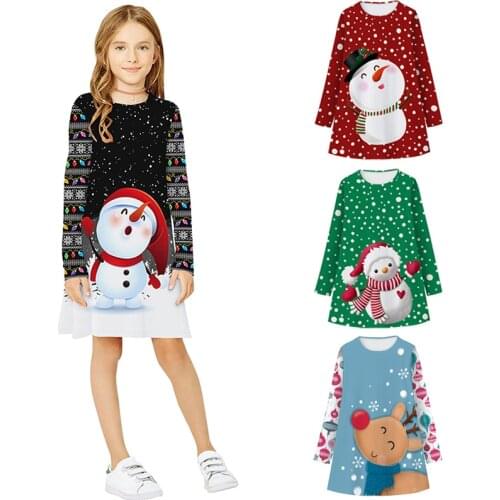 Children New Year Clothes Xmas Princess Dresses Cute Snowman Print Long Sleeve Cartoon Girls Dress Teen Kid Girl Christmas Dress