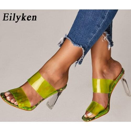 Eilyken Plus Size 41 42 Green Serpentine Sandals Crystal Open Toed PVC Transparent Heel 2021 Women Sandals Slippers Pumps 11CM
