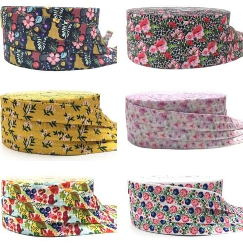 16mm Flowers Print Fold over Elastic Band Sewing Tape Handmade Crafts Accessories DIY Baby Headband Hair Ties
