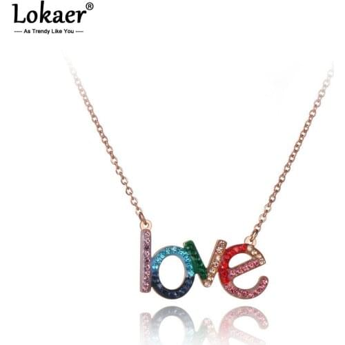 Lokaer Titanium Stainless Steel Colorful CZ Crystal LOVE Choker Necklaces For Women Girls Trendy Charm Pendant Necklace N19185