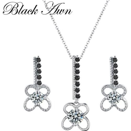 [BLACK AWN] 925 Sterling Silver Black Spinel Necklace Pendant Earrings Set for Women Silver 925 Jewelry Sets Z012