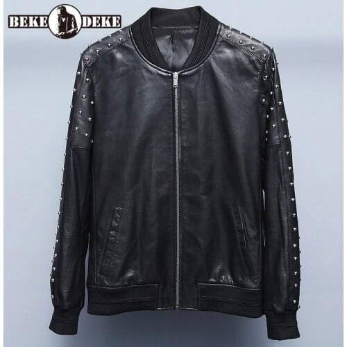 Korean Style Fashion New Mens O-Neck Zippers Pockets Rivet Design Slim Genuine Leather Jackets Spliced Vintage Casual Coat
