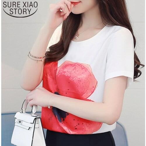 Fashion Women Shirts 2021 Ladies Tops Shirts White Shirt Chiffon Short Sleeve Shirt Women Floral O-neck Top For Women 4128 50