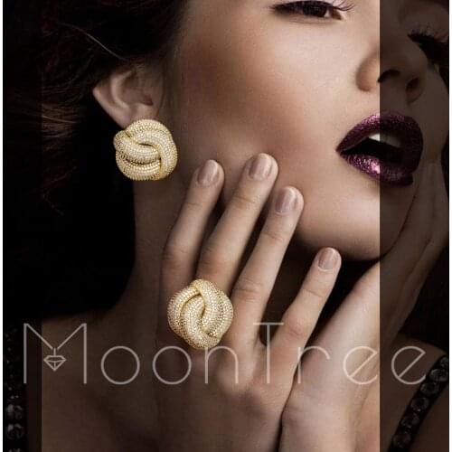 MoonTree Luxury Twist Braided Full AAA Cubic Zirconia Setting European Women Width Baguette Earring Ring Set
