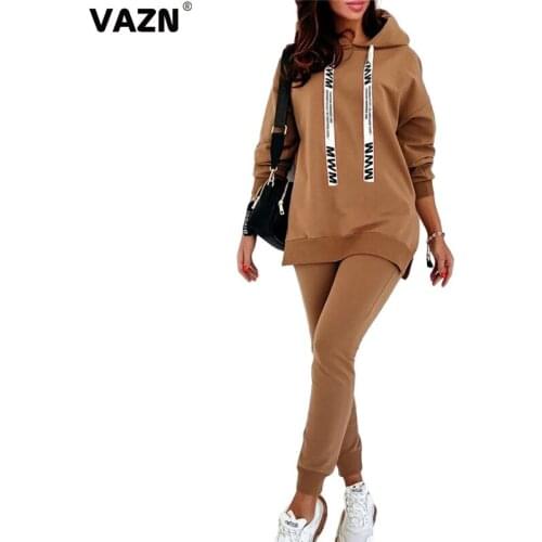 VAZN 2020 New Sporty Streetwear Outfits Tracksuits Solid Shinny Hooded Loose Gym Sexy Full Sleeve Full Pants Set
