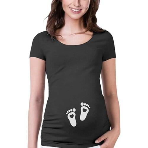 2021New Casual Pregnancy T-Shirt Women Maternity Short Sleeve Baby Feet Heart Print T-shirt Cartoon Graphic Tops Ropa Maternidad