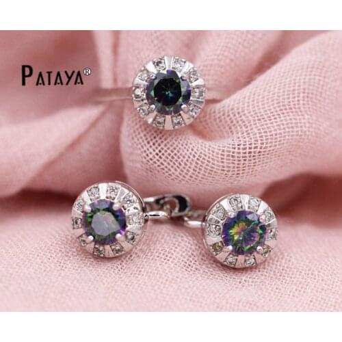 PATAYA Rainbow Round Jewelry Set Women Natural Cubic Zirconia Earrings Ring Set Bridal Weddings Glowing Beautiful Accessories