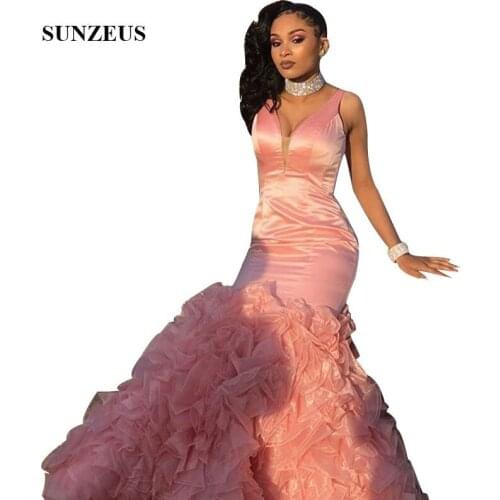 Mermaid Prom Dress With Ruffles Skirt Trumpet Design V-neck Sleeveless Long Pink Party Gowns For Black Girls Vestidos Compridos