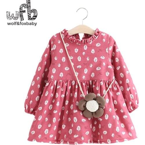 Retail 2-8 years dress+bag full-sleeves velvet Warm printing kids children spring autumn fall winter