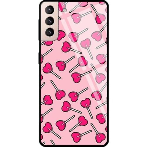 Pink Heart Shaped Lollipops Tempered Glass Cover For Samsung Galaxy S21 Ultra S20 FE S8 S9 S10 Plus Note 10 20 Case