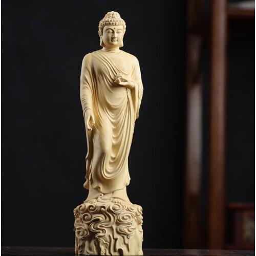 Boxwood 20cm Amitabha Buddha Sculpture Wood Carving Sakyamuni Statue Worship Home Decor