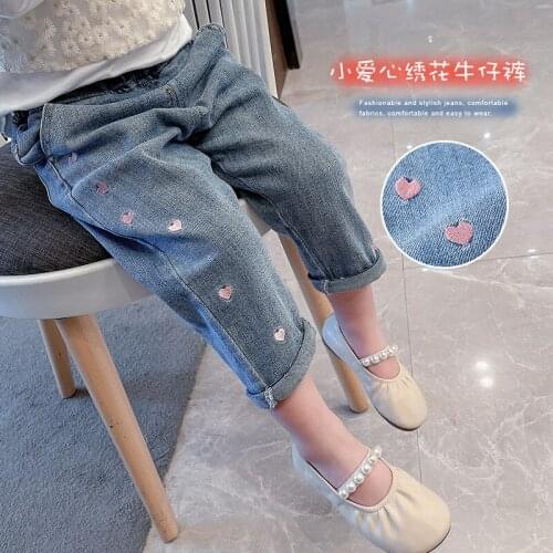 Cute Love Embroidered Toddler Girls Jeans 2021 Spring Autumn Cusual Denim Pants For Kid Elastic Waist Trousers Children Clothing