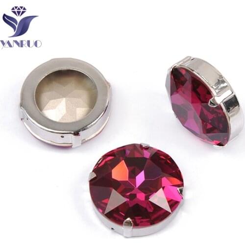 YANRUO 1201 27mm Fuchsia Round Fancy Stones Strass Pointed Back Sewn Rhinestones Sew On Glass Crystals For Decoration
