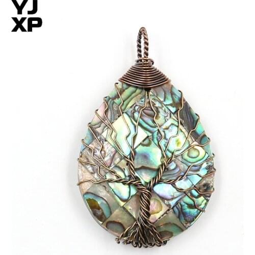 YJXP 1 Pcs Double Side Abalone Shell Necklaces Pendant Waterdrop Shape Lucky Charms Pendant Wire Wrapped Tree of Life Jewelry