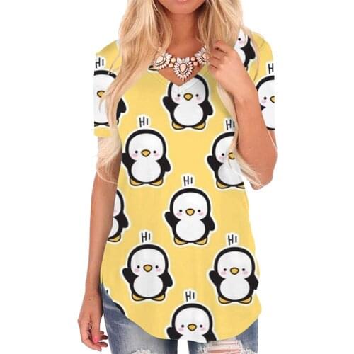Giyu Brand Penguin T Shirt Women Animal Funny T shirts Yellow V-neck Tshirt Lovely Tshirts Printed Womens Clothing Fashion