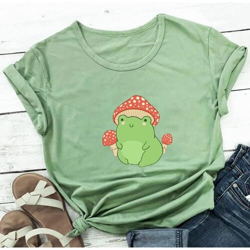 Cartoon Frog And Mushroom Graphic Print Pure Cotton Women Tshirt Women Funny Summer Casual Short Sleeve Top Vacation Shirt