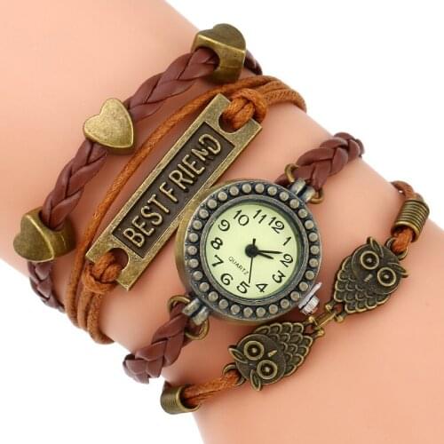 Gnova Platinum Fashion Retro Owls Charm Bracelet Women Watch Parcord Best Friends Golden Quartz Wristwatch Geneva Style A994