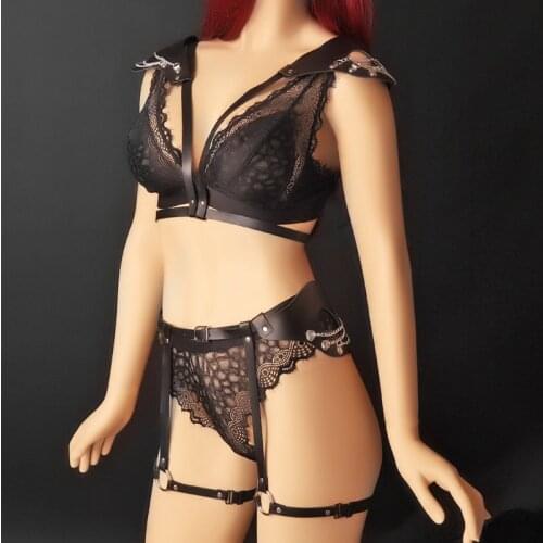 Leather Body Harness Bondage Lingerie Punk Women Sexy Shoulder Chain Suspender Garter Belt Stockings BDSM Fetish Pole Dance Wear