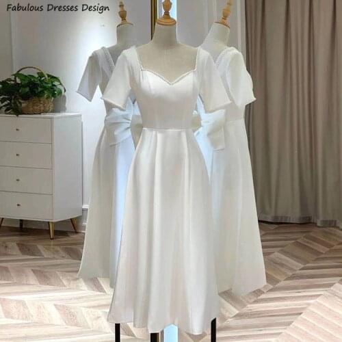 Elegant Tea Length Wedding Dresses Short Sleeve Beaded Big Bowknot Backless Bridal Gown A Line Robe De Soirée De Mariage