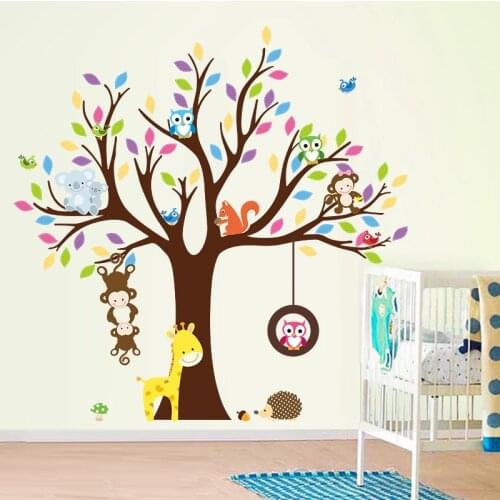 Animal Tree Wall sticker Monkey Giraffe Owl Squirrel Decals Animal Zoo Wallpapers For kids Rooms Decoration Children Girl Gifts