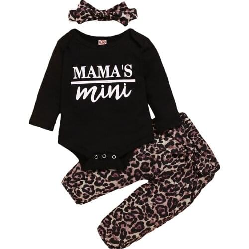 2020 Brand Sweet Girl 3Pcs Toddler Baby Girl Infant Clothes Autumn Letter Black Romper Top Leopard Pants Outfit Tracksuit