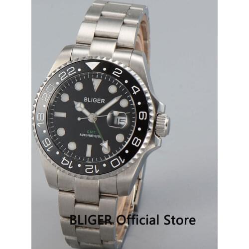 BLIGER 40mm Automatic Mens Watch With GMT Function Stainless Steel Bracelet Auto Date Sapphire Glass
