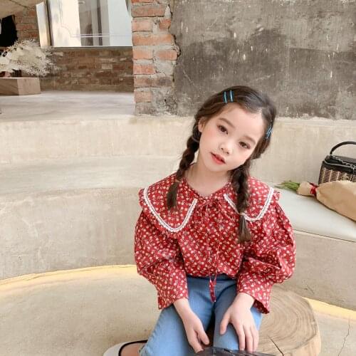 Red Floral Children Clothes Spring Summer Girls Blouses Doll Collar Shirts Kids Teenagers Outwear Breathable High Quality