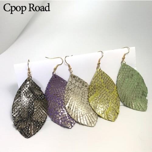 Cpop Shiny Real Leather Earrings for Women Statement Leather Feather Leaf Earrings Fashion Leather Jewelry Accessories Wholesale